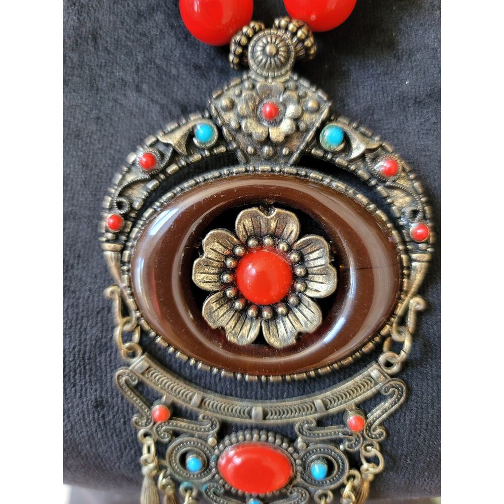 Women's Bohemian Antique Brass Statement Necklace With Lobster Clasp Red Beads - Picture 5 of 7